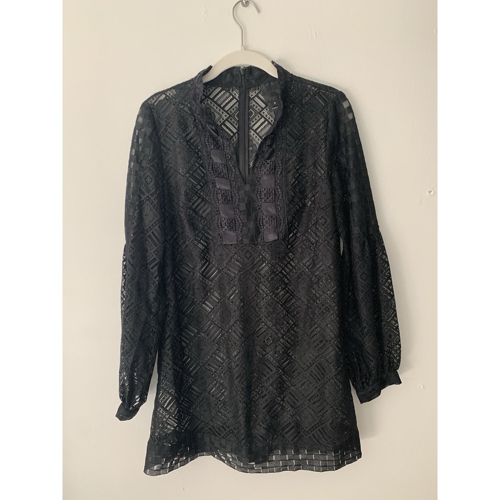 Anna Sui Clover Flower Lace Mini Dress Black 2 Sheer Cover Up Resort Designer